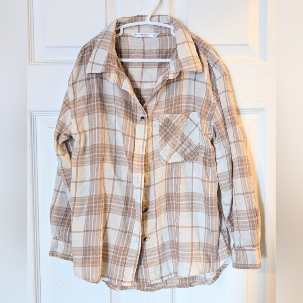 Girls Long Plaid Button Down- Cream Coloured
